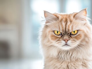 Obraz premium Close-up of a fluffy Persian cat with striking yellow eyes, showcasing a regal and curious expression, perfect for pet lovers.