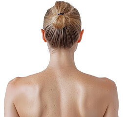 Blonde woman with hair in bun viewed from behind isolated