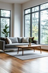 Fototapeta premium A modern living room with a clean, minimalist interior, featuring a sleek grey sofa, large windows with natural light pouring in, and a simple coffee table on a hardwood floor.