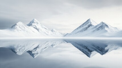 Obraz premium Serene winter landscape with majestic mountains reflected in calm water, creating a tranquil and peaceful atmosphere.