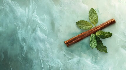 Cinnamon Stick and Mint Leaves on a Teal Surface