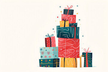 Tower of colorful wrapped gifts with bows and stars on a light background