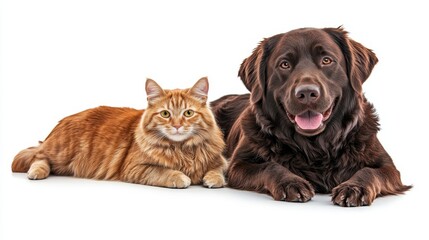 A cat and puppy, retriever dog and orange cat are playing together on a transparent background, isolated on a white background