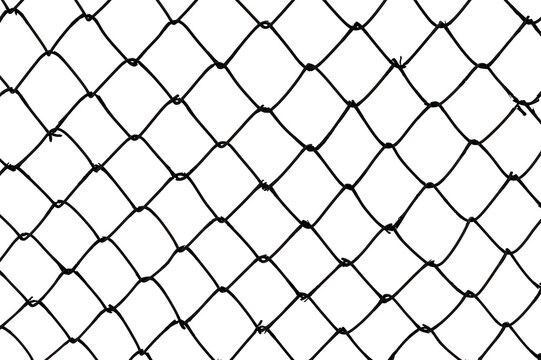 The texture of the metal mesh. Torn, destroyed, broken metal mesh on a white background