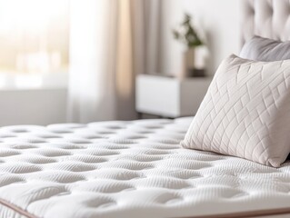 Luxurious mattress with quilted design and soft pillow, set in a bright, modern bedroom inviting comfort and relaxation.
