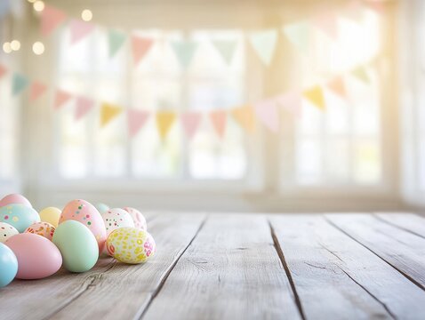 Colorful Easter eggs on a wooden surface with a festive bunting backdrop, perfect for spring celebrations and holiday themes.