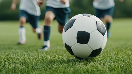 Fototapeta premium semi close-up of elementary school students playing soccer on a grassy field, bright uniforms and energetic movement, warm sunlight creating a lively atmosphere, focus on the action, slightly blurred