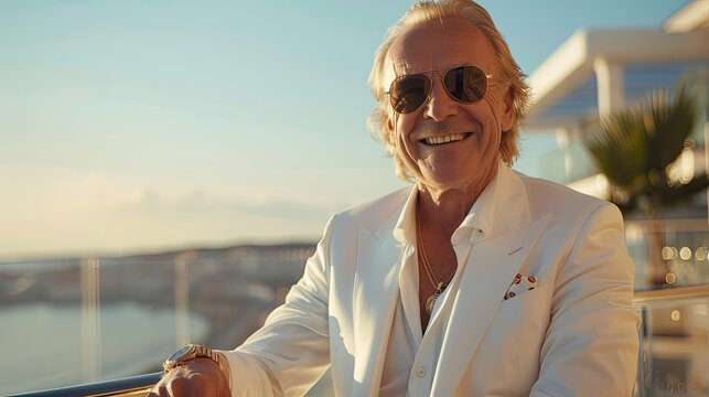 70 years old norwegian rich man wearing expensive white suit and open shirt wearing gold watch smiling with white teeth inside penthouse on balcony slicked blonde coloured hair shaved sunglasses spray