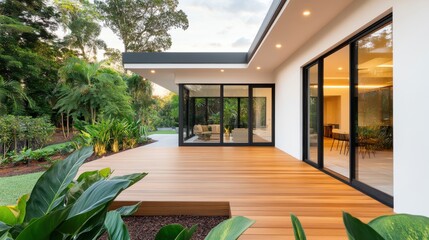 Fototapeta premium Modern home exterior featuring large glass doors, wooden deck, and lush greenery for a tranquil outdoor space.