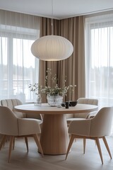 A modern dining room with a round table, elegant chairs, and a large pendant light, with soft lighting and a minimalist decor scheme.