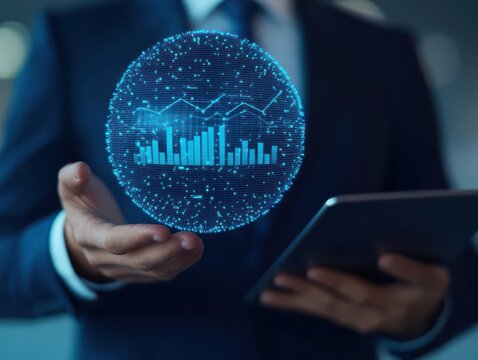 A professional man holding a tablet with a glowing holographic globe displaying data analytics, symbolizing modern technology.