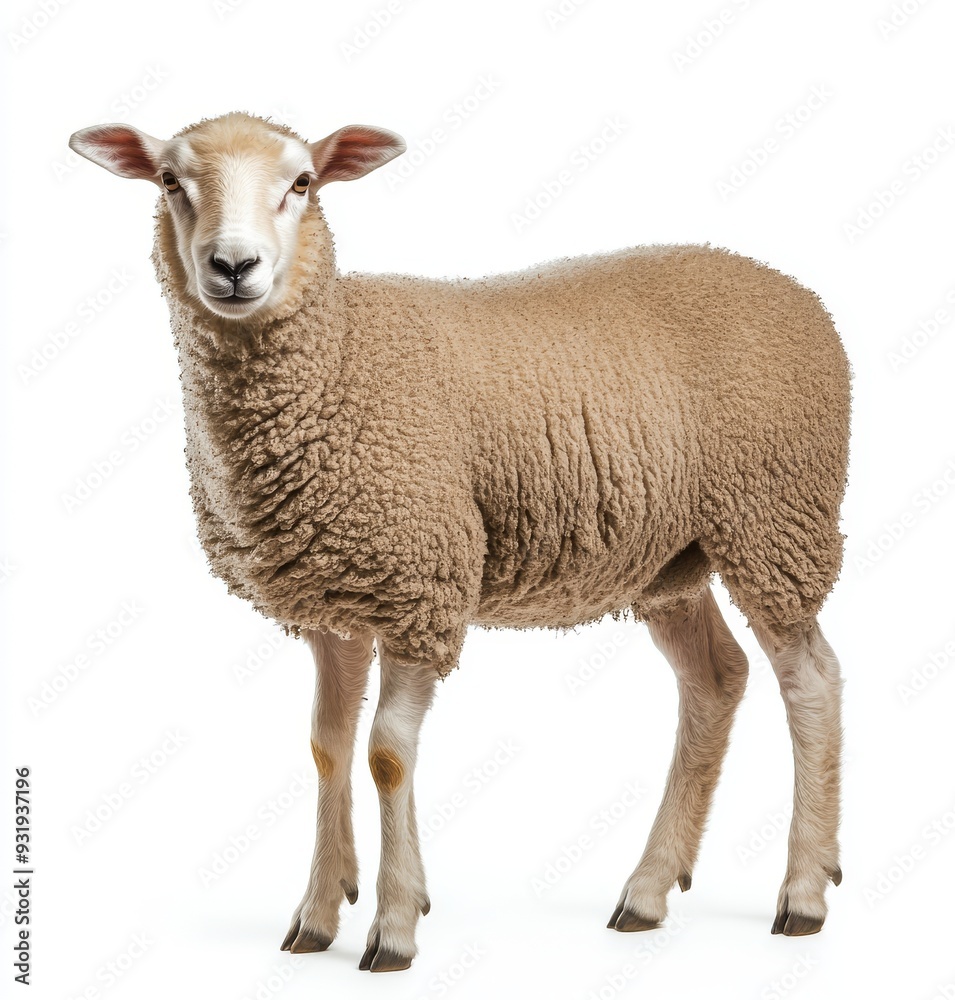 Wall mural isolated on white background cutout of a front view of a sheep