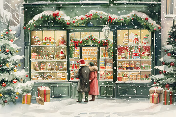 Festive Christmas shop window with holiday decorations and snow-covered garlands
