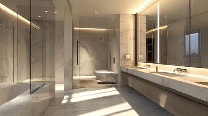 Fototapeta premium A modern bathroom with a walk-in shower, minimalist fixtures, and large mirrors reflecting soft natural light, complemented by a sleek design.