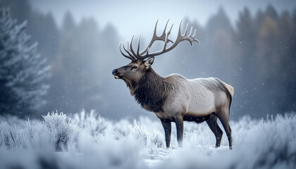 Portrait of a free and wild elk on winter snow forest background, noble stag, Christmas wildlife banner 