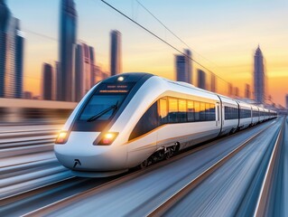 Fototapeta premium Modern train speeding through an urban skyline during sunset, showcasing advanced transportation technology and city architecture.