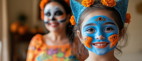 A joyful girl with colorful face paint smiles brightly, celebrating a festive occasion with cultural significance.