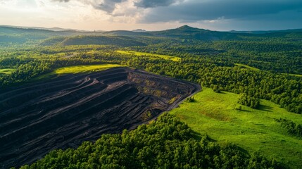Fototapeta premium Aerial perspective of an open pit mine, emphasizing the orderly, symmetrical layers and the impact on the natural landscape