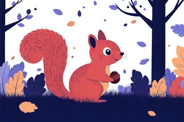 Naklejka premium Cute Squirrel Holding an Acorn in an Autumn Forest