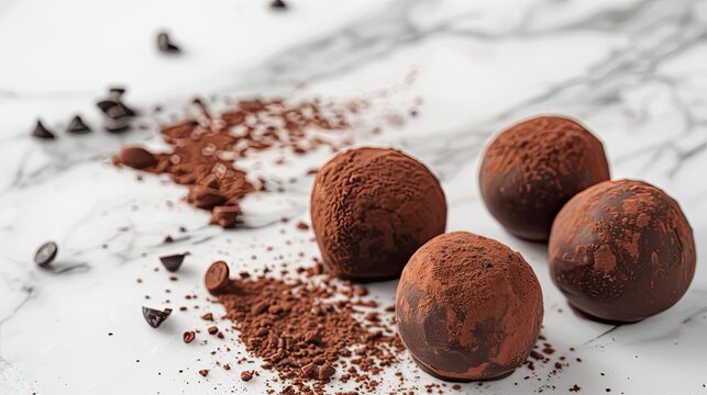 Indulge in the exquisite beauty of these homemade luxury dark chocolate truffles delicately arranged on a sophisticated marble surface The rich velvety texture of the dark chocolate truffles