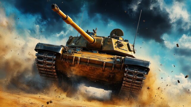 Painting of a powerful military tank advancing through a dramatic landscape, showcasing strength and resilience in a combat scenario.