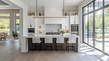 A contemporary kitchen with an open layout, featuring a large island with bar stools, white cabinetry, and a clean, minimalist design.