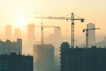 Urban Construction at Sunset Captivating Silhouettes of Cranes Against a Cityscape Background