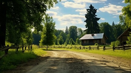 Fototapeta premium Adventure outdoor nature vacation wild gravel road to the wood house hotel. Countryside farm vibe. Graphic Art