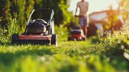 A man mowing the lawn on a self-propelled lawnmower, close-up. Man mowing lawn in the backyard of his house. Man with lawn mower. copy space for text.