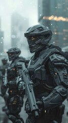 Armed soldiers and robotic allies maintain order in a snow-covered futuristic cityscape