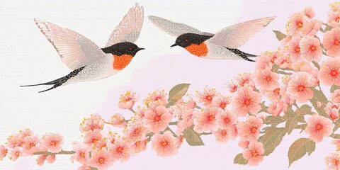 Swallow Love Song: Two swallows perched on a delicate branch, amidst blooming cherry blossoms, symbolizing a tender love story in the language of nature.  