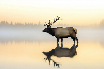 Portrait of a free and wild elk on lake autumn forest background, noble stag at the watering hole, autumn season landscape banner 