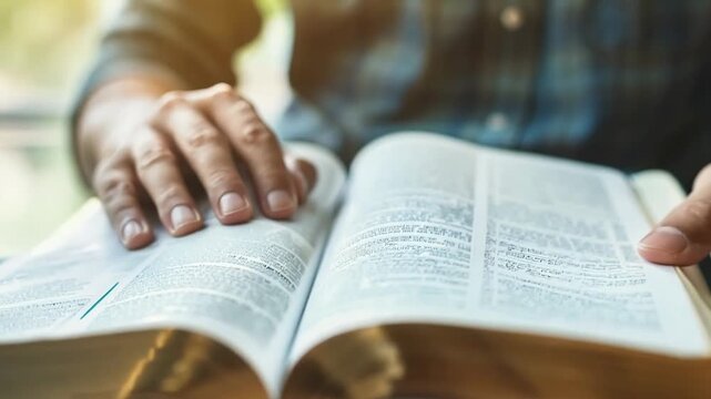 Man reading a hardcover book with golden pages, sunlight softly illuminating the background. Concepts of knowledge, learning, relaxation, and peaceful moments.