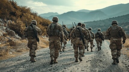Fototapeta premium Soldiers Marching Through Mountainous Terrain