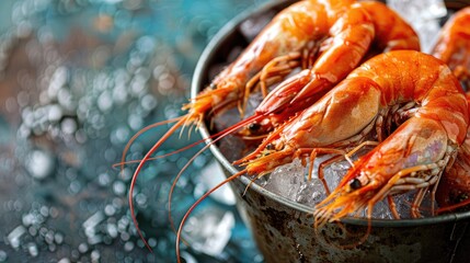 Seafood large prawns on ice bucket