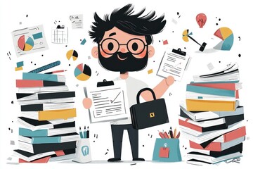 Busy Businessman With Stacks of Paperwork and Briefcase