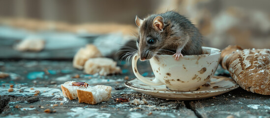 A big dirty mouse is secretly eating bread on the dining table, Generative AI
