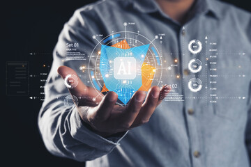Ai technology on  businessman  hand ,virtual graphic Global Internet connect with AI