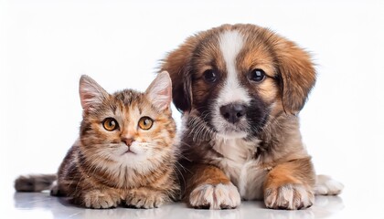 Obraz premium 仲良く一緒に座っている子犬と猫（Puppy and cat sitting together friendly） 