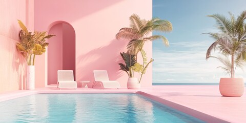 Fototapeta premium Pink Paradise: A serene poolside oasis bathed in soft pink hues, inviting relaxation and escape. Lush palm trees frame a sparkling blue pool, while white loungers beckon you to unwind under the sun.