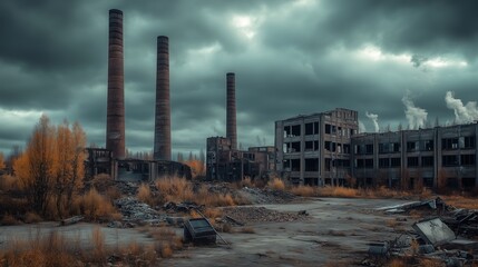 Obraz premium An old destroyed factory with large pipes against a cloudy sky