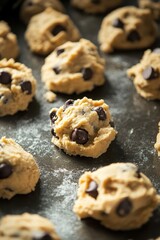 Chocolate chip cookie dough scoops on a baking sheet ready for the oven, showing delicious raw cookie dough with chocolate chunks.