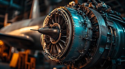 Fototapeta premium Close-up of a Jet Engine with Blurred Airplane in Background