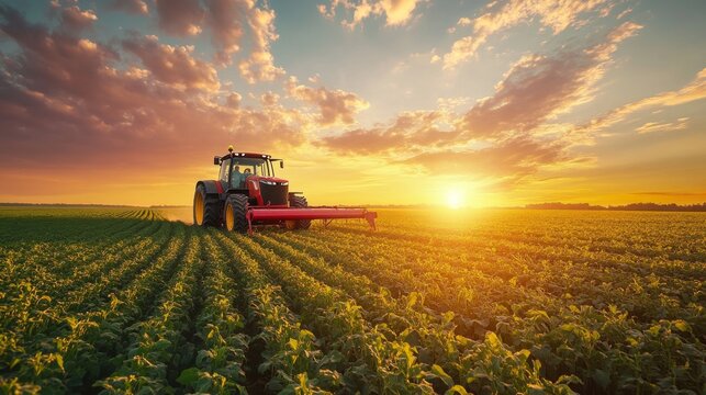 Fototapeta Tractor Sunset Field.