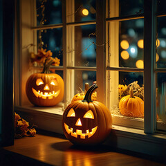Fototapeta premium Halloween Night: Spooky Houses, Carved Pumpkins, and Festive Treats for a Chilling Celebration