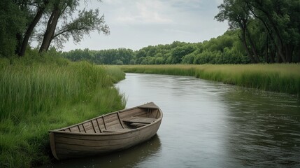Obraz premium Not a wide river with grass on the banks and a boat