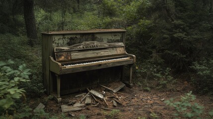 An old piano stands in the middle of the forest