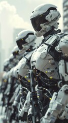 Fototapeta premium Military robots stand ready in a bustling futuristic city, showcasing advanced technology and security
