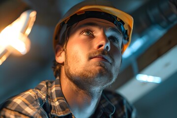 Focused Worker in Safety Gear Under Dim Lighting