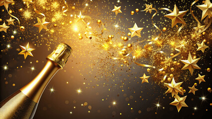 Celebration background with golden champagne bottle, confetti stars and party streamers. Christmas, birthday or wedding postcard design